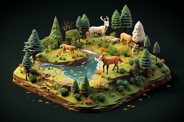 An Isometric Nature Miniature Forest Scene with Animals