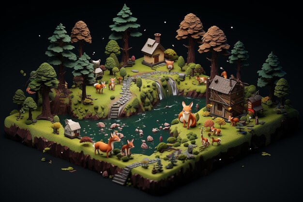 An Isometric Nature Miniature Forest Scene with Animals