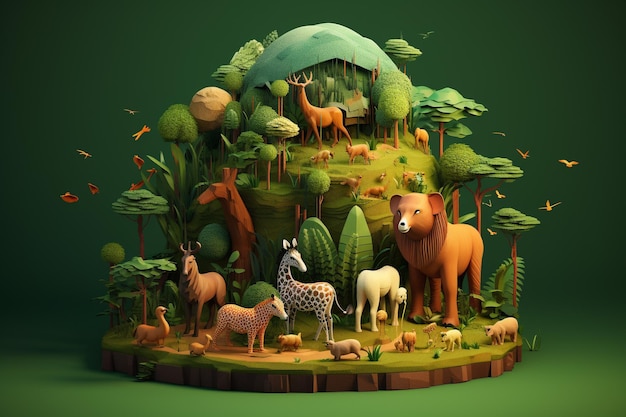 Photo an isometric nature miniature forest scene with animals