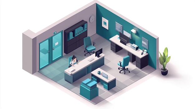 Photo isometric office room with working people 3d illustration