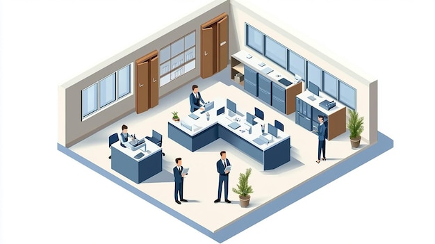 isometric office room with working people 3d illustration