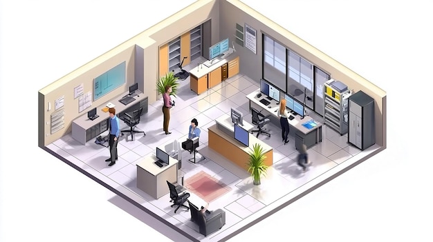 isometric office room with working people 3d illustration