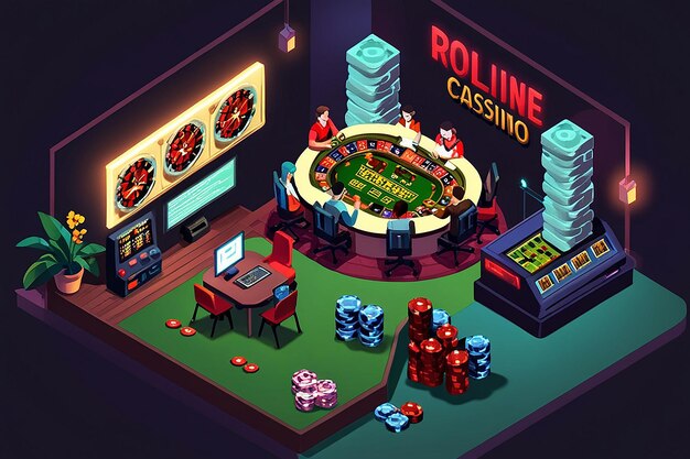 Photo isometric online casino concept gambling platform for live roulette and poker with cards chips laptop characters of croupier 3d vector illustration