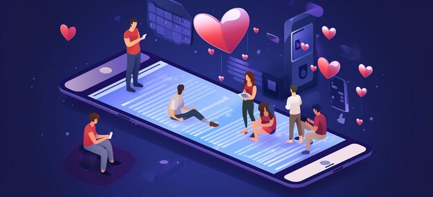 Photo isometric online dating app concept couple with laptop and smartphone