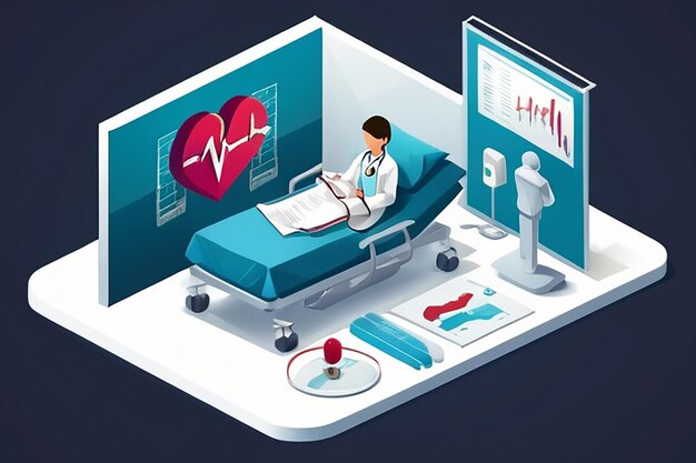 Photo isometric patient medical report with heartbeat