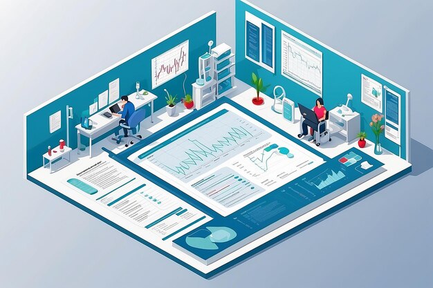 Photo isometric patient medical report with heartbeat