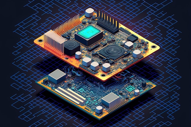 The isometric processor microchip and electronic motherboard