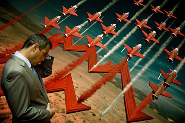 Photo isometric red arrows falling to sad businessman