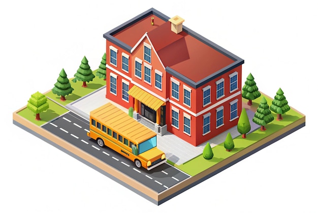 Photo isometric red school building with school bus