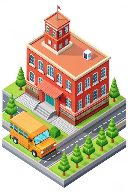 Photo isometric red school building with school bus