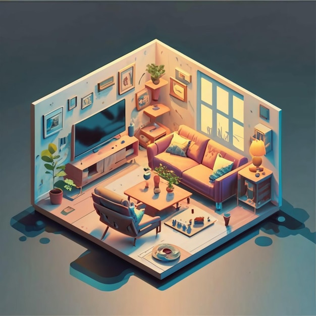 Isometric Rendering of Virtual Reality Room with AR Furniture Arrangement Design