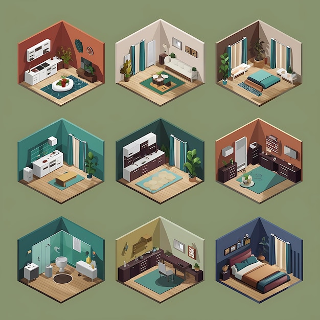 Isometric rooms Designed house living room kitchen bathroom bedroom toilet