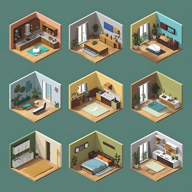 Isometric rooms Designed house living room kitchen bathroom bedroom toilet