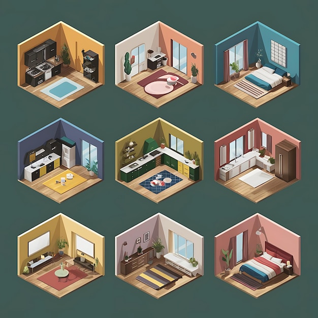 Isometric rooms Designed house living room kitchen bathroom bedroom toilet