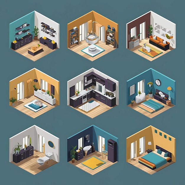 Isometric rooms Designed house living room kitchen bathroom bedroom toilet