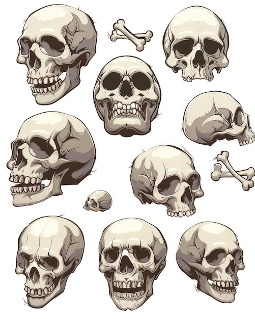 Isometric Skull Set Set of Scarey Human Skulls and Crossbones in Isometric View