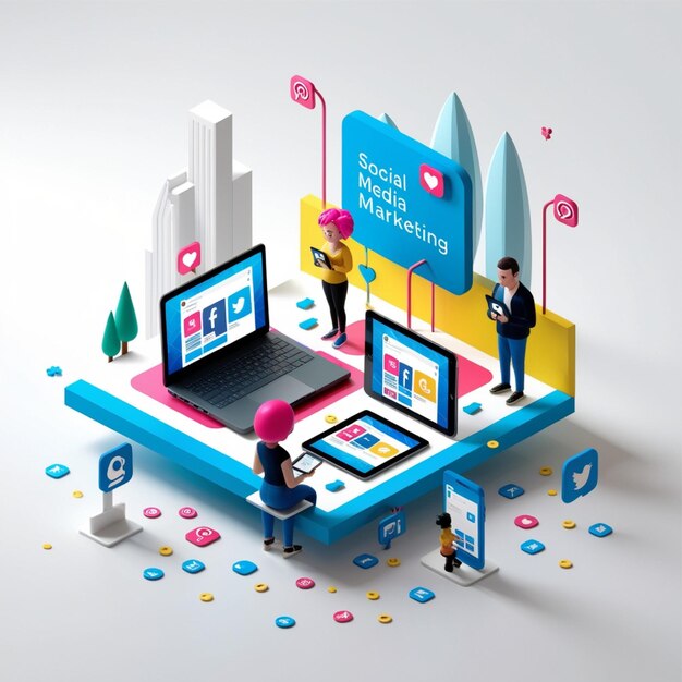 Photo isometric social media marketing illustration