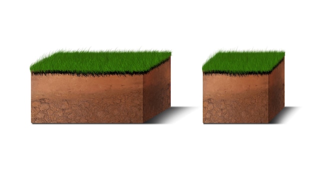 Isometric Soil Layers diagram Cross section of green grass and underground soil layers beneath stratum of organic minerals sand clay Isometric soil layers isolated on white