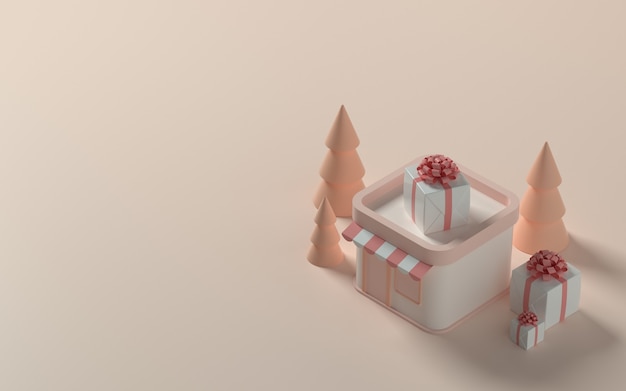 Isometric store with gift and christmas tree for banner or promo. 3d illustration