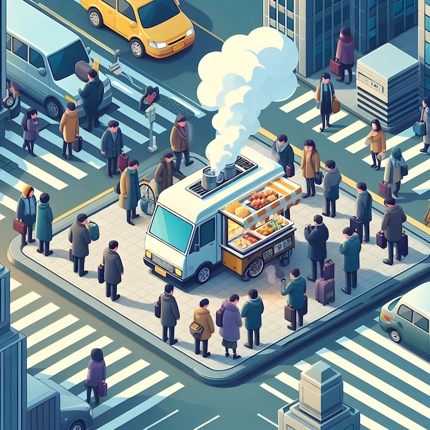 Photo in an isometric style of bustling city streets amidst the brisk morning air is a group of commuter