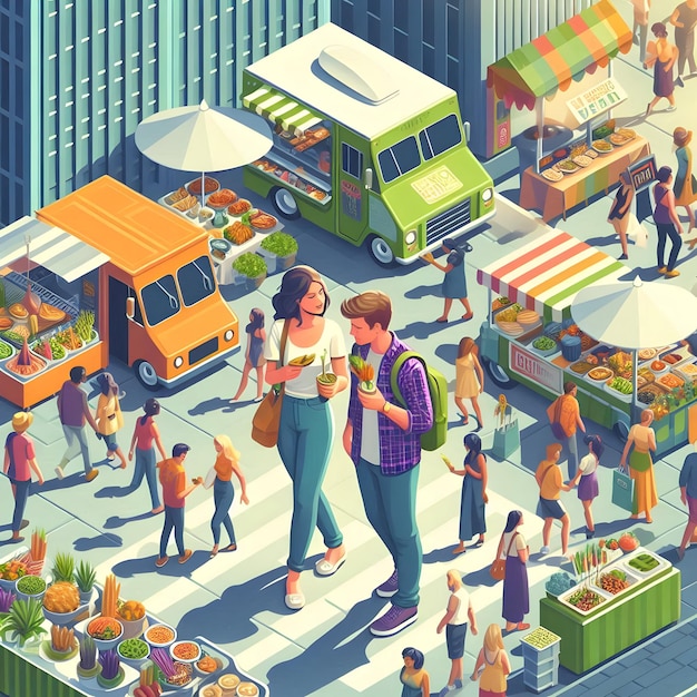 Photo in an isometric style of bustling urban setting a young couple explores a vibrant vegan food festiv