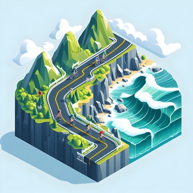 Photo isometric style of cyclists exploring a winding coastal road features dramatic cliffs and crashing w