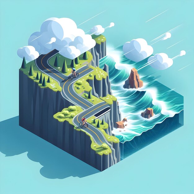 Photo isometric style of cyclists exploring a winding coastal road features dramatic cliffs and crashing w