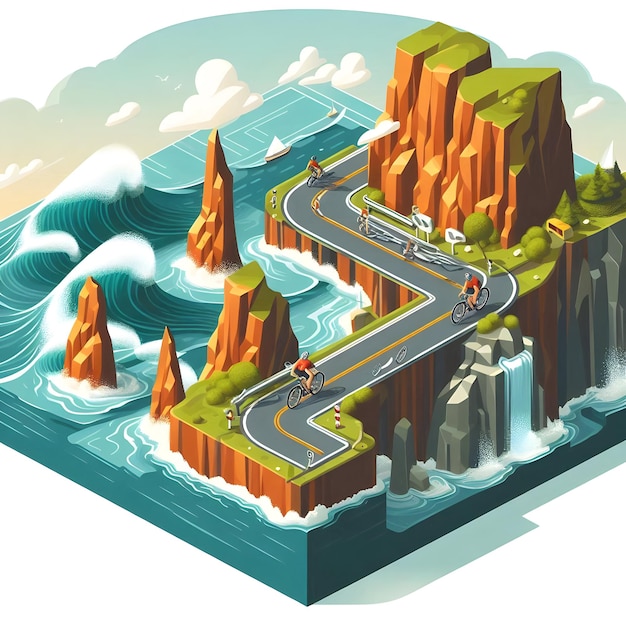 Photo isometric style of cyclists exploring a winding coastal road features dramatic cliffs and crashing w