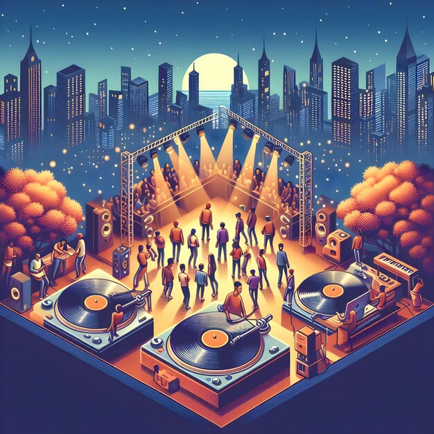 Photo in an isometric style of a rooftop overlooking the city skyline on a crisp autumn evening djs are