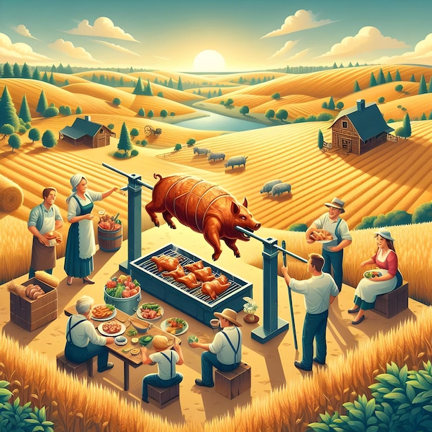 Photo in an isometric style of traditional celebration a family is roasting a succulent hog on a spit in