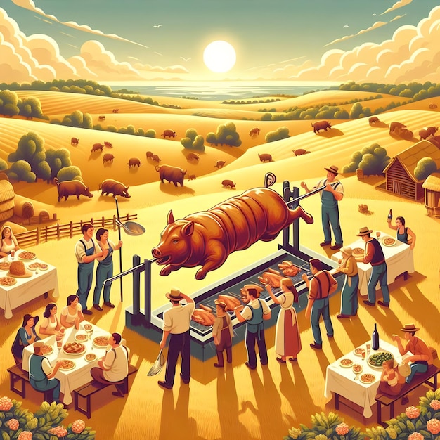 Photo in an isometric style of traditional celebration a family is roasting a succulent hog on a spit in