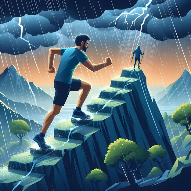 Photo isometric style of a trail runner conquering a steep incline against the backdrop of a stormy sky