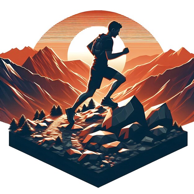 Isometric style of a trail runner navigating rocky terrain their silhouette etched against the sett