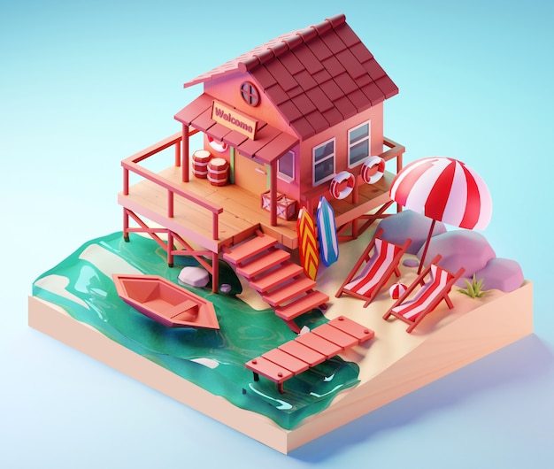 Isometric summer vacation concept. 3D illustration