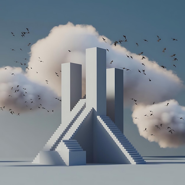 Photo isometric surreal architecture with floating clouds and birds