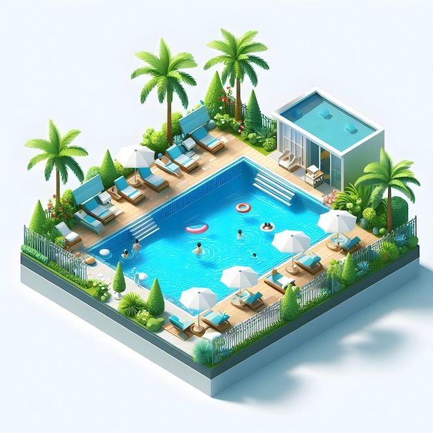 Isometric vector illustration of a swimming pool and hotel featuring a luxurious resort with palm t