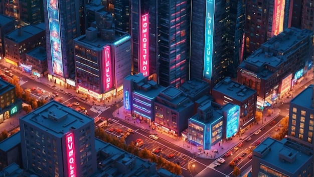 Isometric view on 3d rendering of neon city