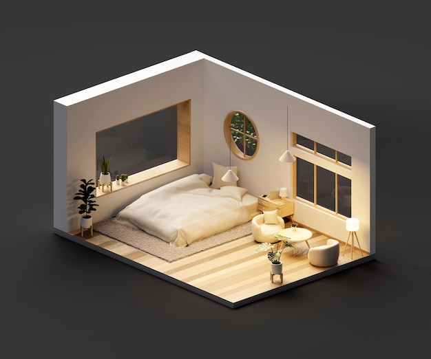 Isometric view bed room muji style open inside interior architecture 3d rendering digital art