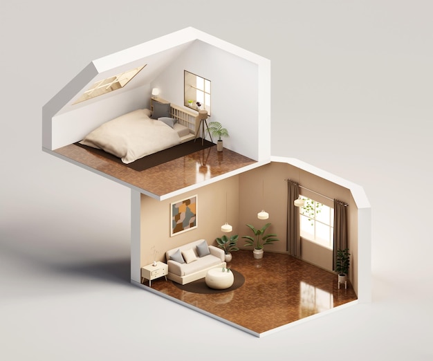 Isometric view bed room muji style open inside interior architecture 3d rendering digital art