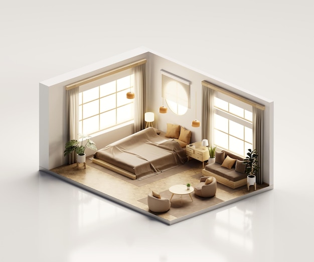 Isometric view bed room open inside interior architecture 3d rendering digital art