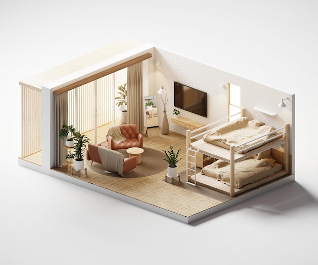 Isometric view bed room open inside interior architecture 3d rendering digital art