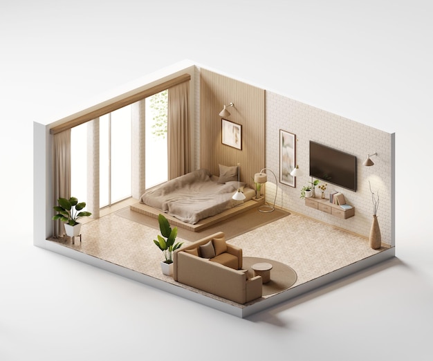 Isometric view bed room open inside interior architecture 3d rendering digital art