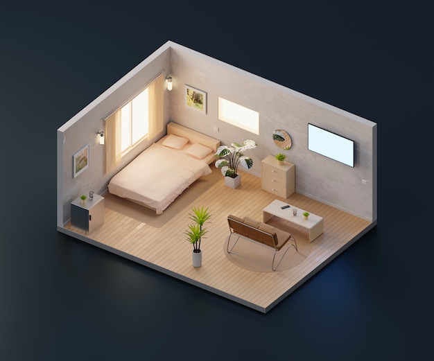 Isometric view bed room open inside interior architecture, 3d rendering.