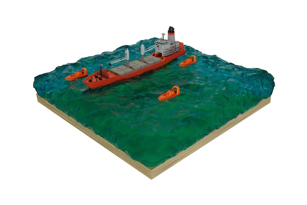 Isometric view cargo ship at sea accompanied by rescue ship, 3d rendering