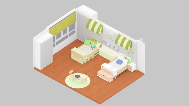 Isometric view children's bedroom with 2 beds 3d rendering