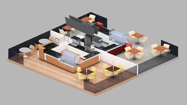 Isometric view of a coffee shop bakery shop 3d rendering