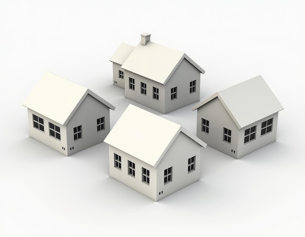 Isometric view of five white model houses placed on a plain surface