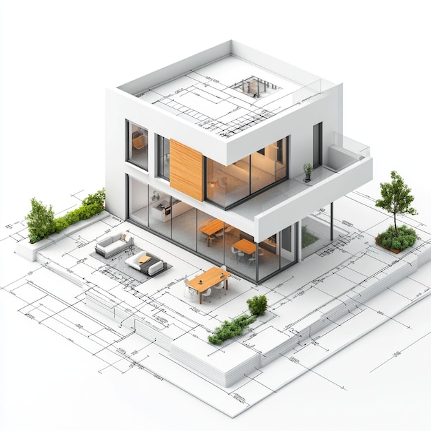 Isometric view of house on construction blueprints with furniturephotorealisticmodern architectue