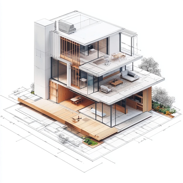 Isometric view of house on construction blueprints with furniturephotorealisticmodern architectue