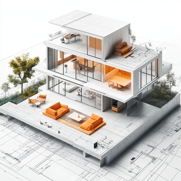 Isometric view of house on construction blueprints with furniturephotorealisticmodern architectue